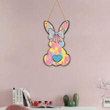 1pc Easter Bunny Wooden Pendant - Colorful Bunny Shape Design, Watercolor Rendering Love Bow Illustration Design, Country Home Decor, Suitable For Front Door, Porch, Living Room, Bedroom - Indoor/Outdoor Easter Decoration Gifts Birthday Graduation