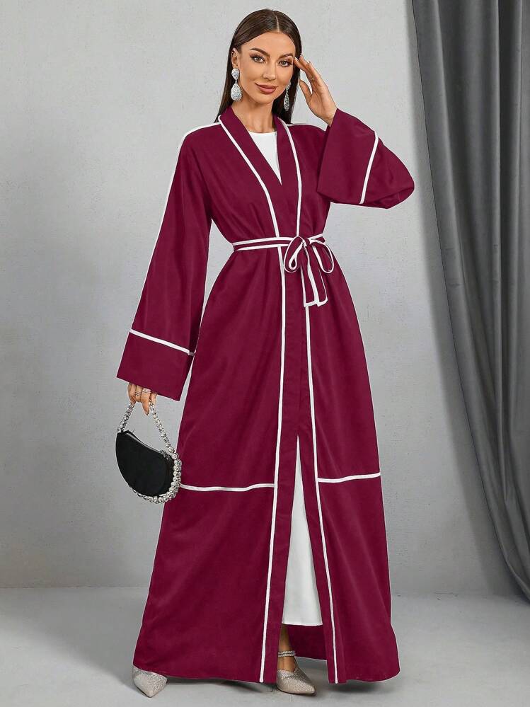 Women's Contrast Color Trim Waist Belt Elegant Long Sleeve Arabian Robe, Vacation Style - Anchor Red - View 1