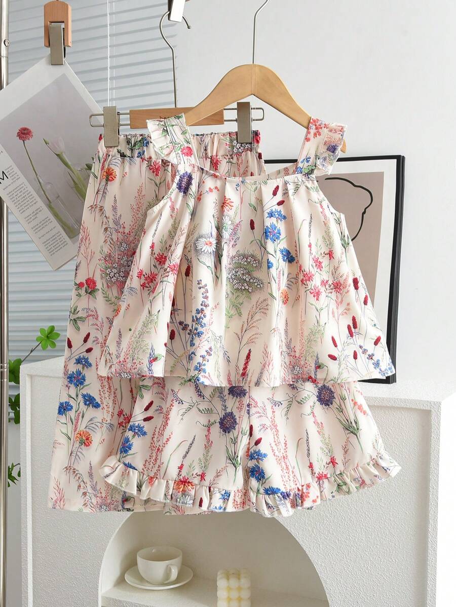 Young Girl 3Pcs Casual Plant Printing Woven Fabric Camisole & Shorts Clothes & Trousers Set For Summer - Beige - View 1