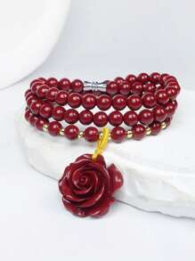 1 件天然朱砂手链，高纯度紫金砂多层珠手链，DIY 多圈串珠手链，朱砂玫瑰项链，弹力手链，毛衣链，复古手链，女士珠宝礼物 - 酒紅色 - 查看 4