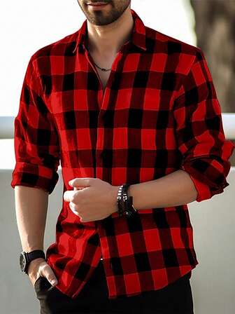 Camisa a cuadros roja y negra para hombres, camisa casual de manga larga de moda con estampado de cuadros para caballero