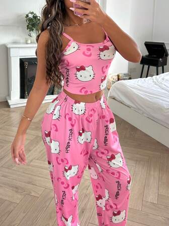 Sanrio 2pcs Hello Kitty Print Women's Camisole Crop Top + Elastic Waist Straight Pants Cute Pajama Set