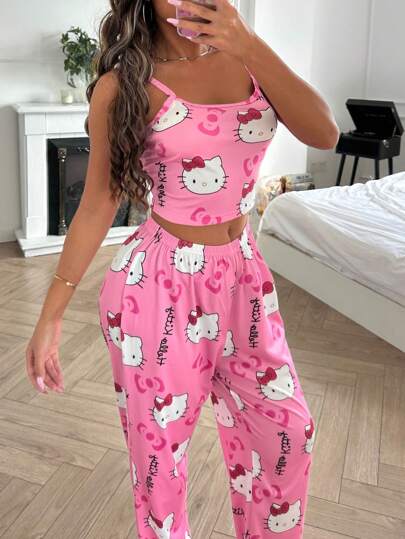 Sanrio 2 pièces Ensemble de pyjama femme avec débardeur court imprimé Hello chat + pantalon droit à taille élastique