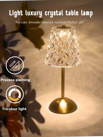 1 pieza Lámpara de escritorio LED de cristal moderna con control táctil - 3 temperaturas de color ajustables, base de metal, recargable - Adecuada para dormitorio, mesita de noche, sala de estar, comedor y decoración de hotel