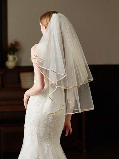 1pc Bridal Light Gold Fine Edge Double-Layer Comb Veil, Versatile Bridal Headpiece Fall Clothes For Women