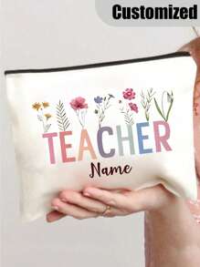 1 pièce Sac de maquillage personnalisé avec lettres d'enseignant et motif floral, sac à crayons avec nom personnalisé. Pochette de rangement de toilette de voyage. Cadeau pour enseignant