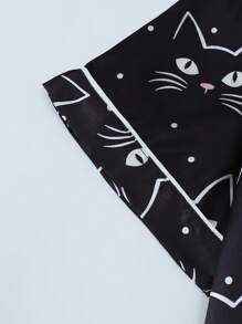 2 件套舒适黑色小猫翻领单排扣短袖口袋上衣和蝴蝶结短裤女式睡衣套装，适合家居服，春夏季，两件套 - 黑色 - 查看 6