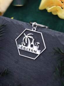 1pc Summer Beach Coconut Palm Key Chain, Customized Name Keychain, Stainless Steel Pendant Keyring For Women Men Car Handbag Jewelry DIY Gifts