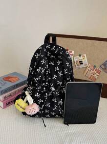 1pc Black Nylon Casual School Style Fresh Allover Print Bow Drawstring Large Capacity Foldable Backpack With Cartoon Decor Zipper, Suitable For Teenagers, College Students, And Women For Daily Commuting, Shopping, Travel, Graduation Gift, Cute Bow Backpack