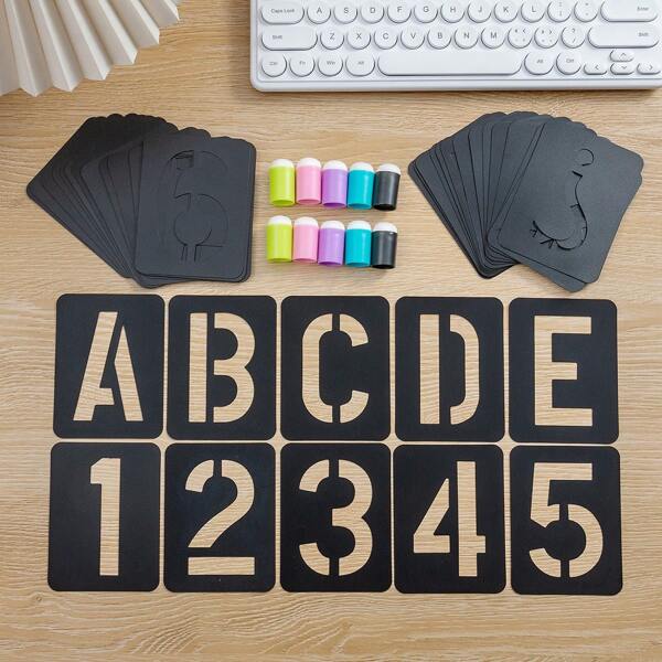 52/42pcs Numeric, Alphabet, Symbol Hollow Stencils, Ruler & Sponge Applicator DIY Reusable Spray Painting Template Set For Wall, Furniture, Sign Painting,Back To School,School Supplies