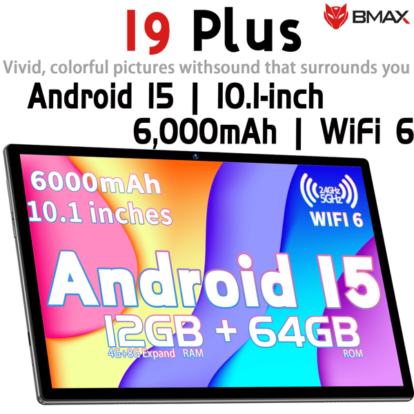 BMAX MaxPad I9 Plus Tablet Android 15 | Quad-Core (hasta 2.0GHz) | 4GB RAM + 64GB ROM | Pantalla Táctil IPS 10.1" 1280*800 | WiFi 6 2.4GHz+5GHz (Sin LTE) | Batería 6000mAh | Type-C + Jack 3.5mm | Cámara 5MP Trasera + 2MP Frontal | Cuerpo Metálico 490g Ligero