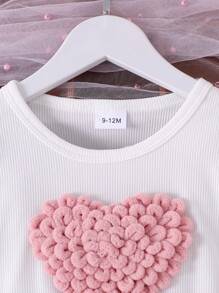 2件套女婴优雅爱心印花白色短袖上衣+灯芯绒半裙套装，轻薄夏季 - 粉色 - 查看 4