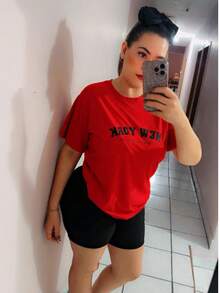 Camiseta de hombros caídos con estampado de letra - Rojo - Ver 4
