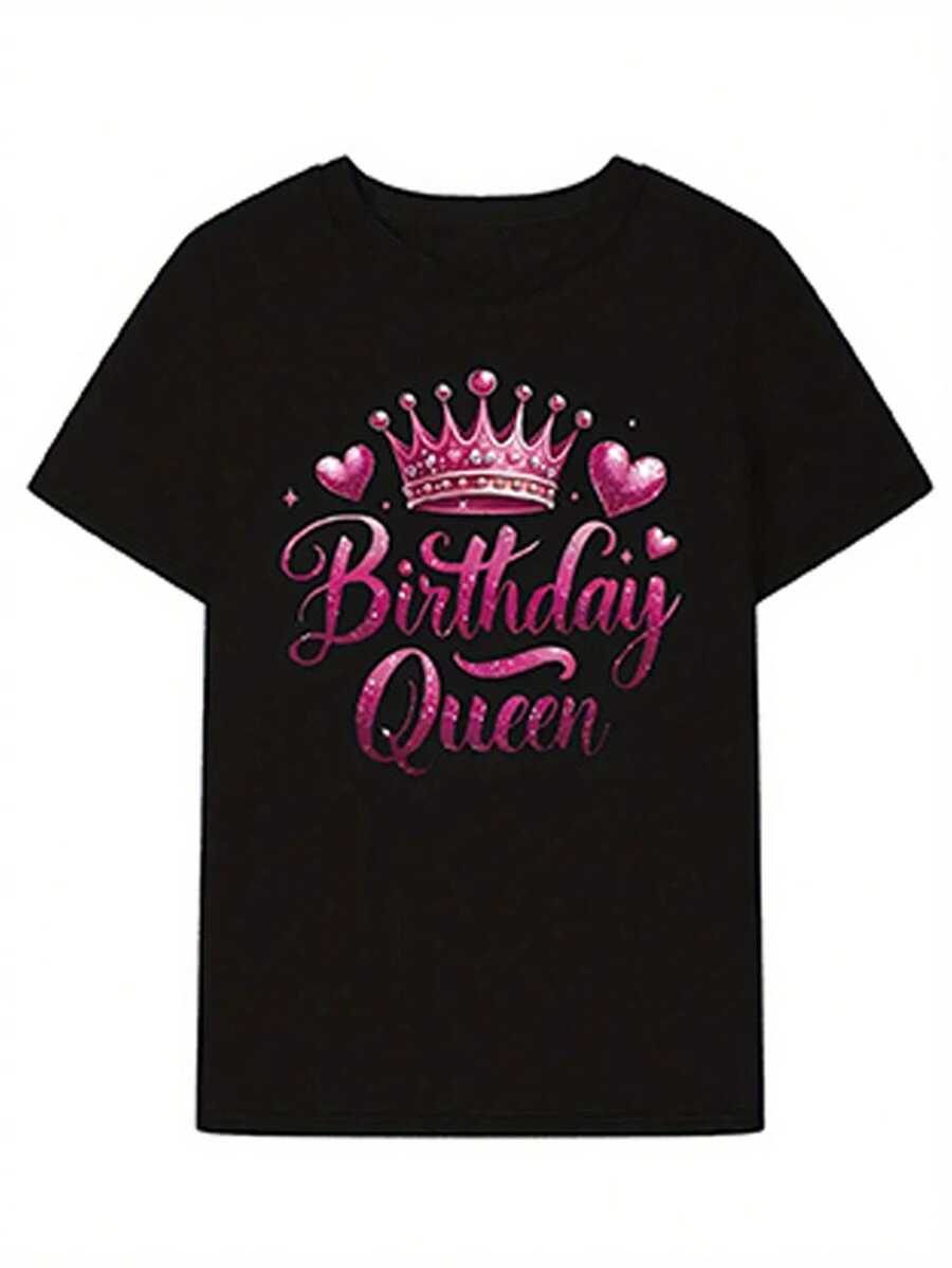 Letter Printed T-Shirt, Short Sleeved Round Neck Summer And Spring Casual Top, Women's Top - Black - View 1