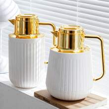 1pc 1000ML/33.8oz Vacuum Insulated Bottle, Minimalist Gold Plated Design, Press Button Water Dispenser, Glass Liner, Coffee Pot Back To School - Multicolor - View 11