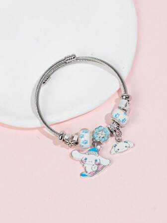  1 pieza Pulsera con colgante de Cinnamoroll azul lindo de Sanrio, pulsera plateada adecuada para uso diario de mujeres