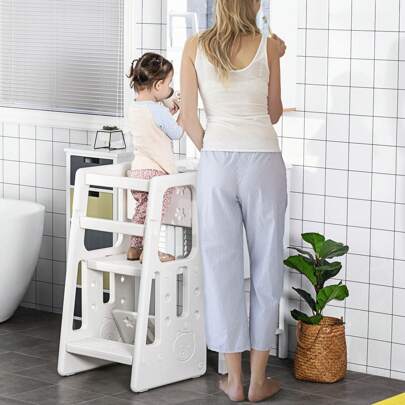  HOMCOM Torre de Aprendizaje para Niños Taburete Infantil con Altura Ajustable en 3 Posiciones y Plataforma Antideslizante para Cocina Comedor Baño 47x47x90 cm