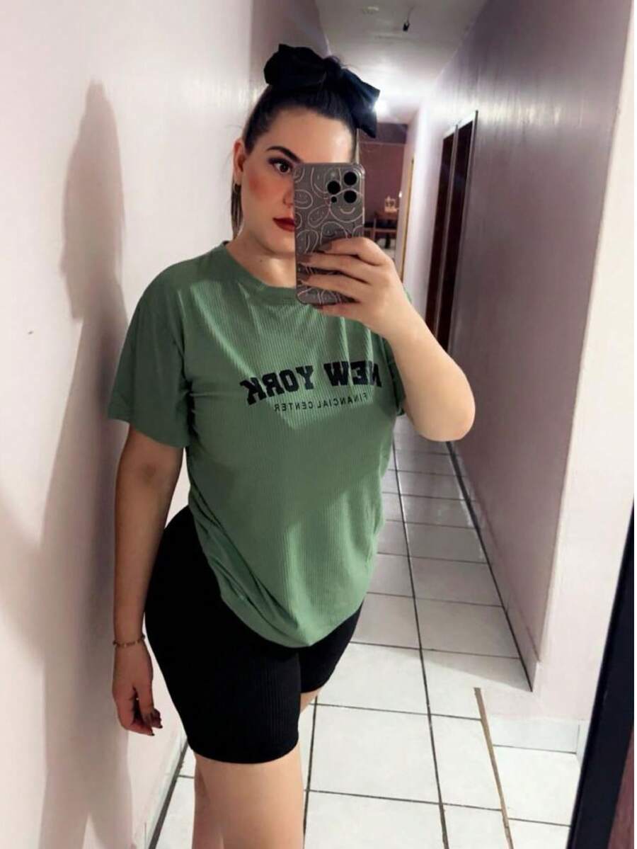 Slogan Graphic Drop Shoulder Tee - Olive Green - View 1
