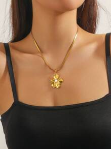 1 Set Antique Gold Plated Asymmetrical Flower Pearl Decor Stainless Steel Earrings & Necklace Jewelry Set - Flowers - View 8