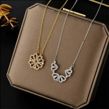 1pc New Style Heart-Linked Four-Leaf Clover Necklace, Foldable Heart Shape Fashion Choker Necklace, Suitable For Daily Wear