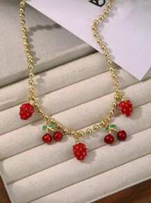 1 件 Y2K 创意时尚优雅甜美酷炫风格铜油滴樱桃草莓吊坠串珠项链女士姐妹饰品礼物适合送礼日常通勤派对约会派对佩戴红色珠宝 - 項鍊 - 查看 4