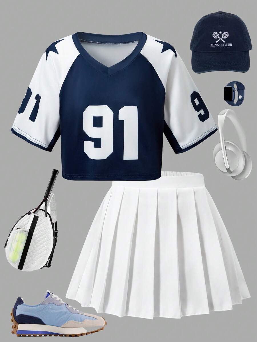 2pcs/Set Girls Summer Fashion Energetic V-Neck Graphic Print Top + Pleated Skirt, Suitable For Outdoor, Daily, And School Wear - Blue - View 1