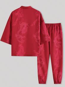 Men's Chinese Style Black Dragon Printed Robe Kimono Loungewear - Red - View 3