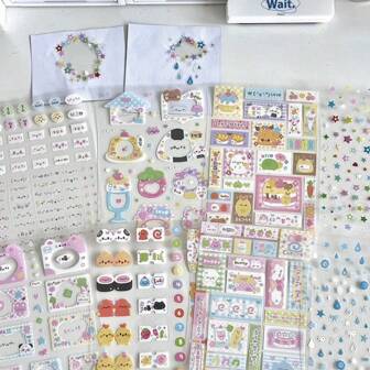 8PCS Cute Cartoon Tags, Border, Text, Cut Film Stickers, Double Transparent Stars, Hand Account Decoration Materials,School Supplies,Back To School