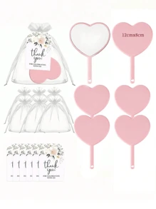 30/15/3pcs Pink Heart-Shaped Handheld Mirror Set, Portable Cute Love Hand Mirror With Handle, Small Travel Mirror Makeup Mirror, Including Pink Handheld Heart-Shaped Mirror, White Organza Bag, Flower Thank You Label, Wedding Guest Return Gift Set, Bridesmaid Souvenir, Bridesmaid Bride Gift, Bridal Shower Return Gift Set, Suitable For Princess Party Gifts, Bridal Shower, Wedding, Anniversary