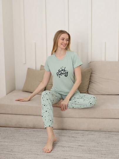Mirano Women's Letter Print Round Neck Short Sleeve Top And Pants Pajama Set