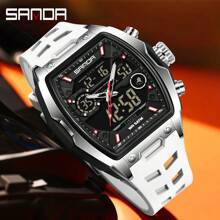 SANDA. Reloj digital de hombre SANDA con esfera de barril, reloj deportivo militar con cuenta regresiva, material de silicona, multifunción impermeable, pantalla LED - Unitalla - Ver 4