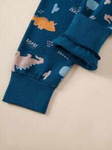 Young Boy All-Over Dinosaur Print Pajama Set, Children Homewear Loungewear - Teal Blue - View 8