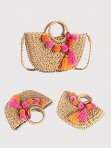 Handmade Raffia Flower Pom Pom Tassel Decor Beach Style Semicircle Women Handbag Shoulder Bag