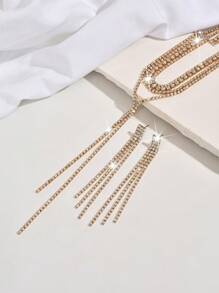 1 pièce Collier long en forme de Y luxueux avec strass + 1 paire de boucles d'oreilles à franges, ensemble de bijoux de mode convenant aux femmes, idéal pour le mariage, les fêtes et le port quotidien