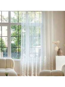 1pc White American Country Floral Semi-Sheer Curtain, Camellia Woven White Voile Sheer Panel For Living Room, Bedroom, Balcony, Hotel Decor, Without Track Or Curtain Rod