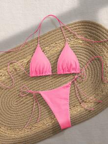 Bộ bikini dự tiệc PEPPERMOLLY mới, màu trơn mềm mại, dây mảnh, kiểu đan chéo, hở lưng, thích hợp cho mùa hè đi biển, dành cho nữ, màu đen và hồng. - Hồng - Xem 3