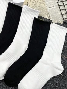 5pairs Women's Casual Black & White Mid-calf Socks For Spring And Autumn - Black and White - View 4