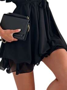 Summer Sexy Cross V-Neck Chiffon Party Dresses Elegant Women's Short Sleeves Ruffled Solid Lace-Up Office Lady Gown Mujer Vestidos - màu đen - Xem 3