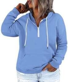 Plus-Size-Hoodies For Women Quarter Zip-Up Hooded Sweatshirts Lightweight Long Sleeve Pullover Tops With Pocket