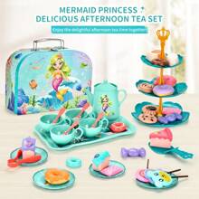 Toiyese 45-Piece Mermaid Theme Tea Set, Includes Iron Teapot And Storage Box, Suitable For 3-6 Year Old Children, Princess Kitchen Toy, Perfect Birthday Gift - Green - View 1