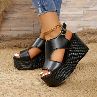 2025 Spring/Summer New Versatile Open Toe Women Platform Wedge Sandals, Casual Comfortable Vacation Style Black High Heel Slip On Sandals For Party And Beach