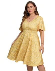 GoyRrbay Women's Plus Size V Neck Midi Dress Casual Floral Dresses Summer Short Sleeve Sundress With Pockets - Màu vàng - Xem 1