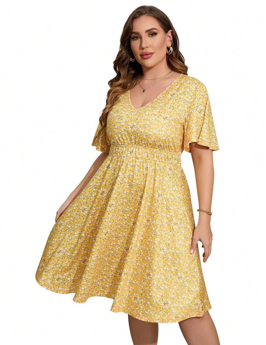 GoyRrbay Women's Plus Size V Neck Midi Dress Casual Floral Dresses Summer Short Sleeve Sundress With Pockets - Màu vàng - Xem 1