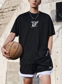 veidoorn 1pc Men'S Athletic T-Shirt - Breathable Polyester, Crew Neck, Short Sleeve With Geometric Design For Basketball & Sports - Summer Casual Wear [Q2017]