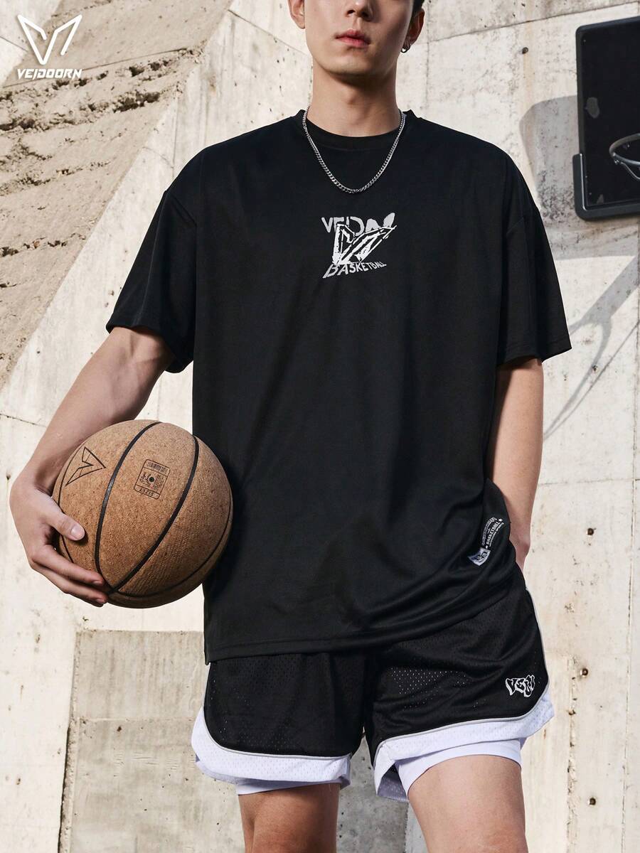 veidoorn 1pc Men'S Athletic T-Shirt - Breathable Polyester, Crew Neck, Short Sleeve With Geometric Design For Basketball & Sports - Summer Casual Wear [Q2017]