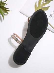 Rounded Toe PU Leather Sandals With Multi-Strap Rhinestone Decoration, Women's Casual Flat Slip-On Slippers, Suitable For Home, Leisure, Daily Wear And Beach Holiday