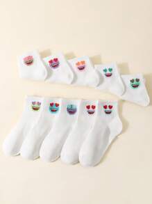 10 Pairs Kids Smiling Face & Heart Print Soft Comfortable Socks - White - View 4