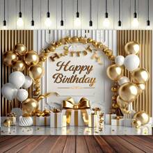 Versatile Happy Birthday Banner With Golden & White Balloons And Big Bow - Perfect For Princess Parties, Bachelorette Celebrations & Photo Backdrops, Background, Photography Decorations