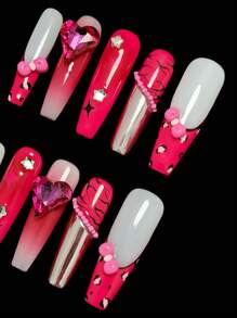 Y2K 10PCS Handmade Press On Nails Long Coffin Shape, 3D Heart Rhinestones & Leopard French Design, DIY Glue On False Nails For Women, Perfect For Daily, Party, Prom, Wedding