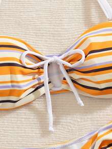 Fashionable New Striped Drawstring Patchwork Sexy Bandeau Bikini Swimwear Set, For Summer Beach Vacation - Multicolor - View 4
